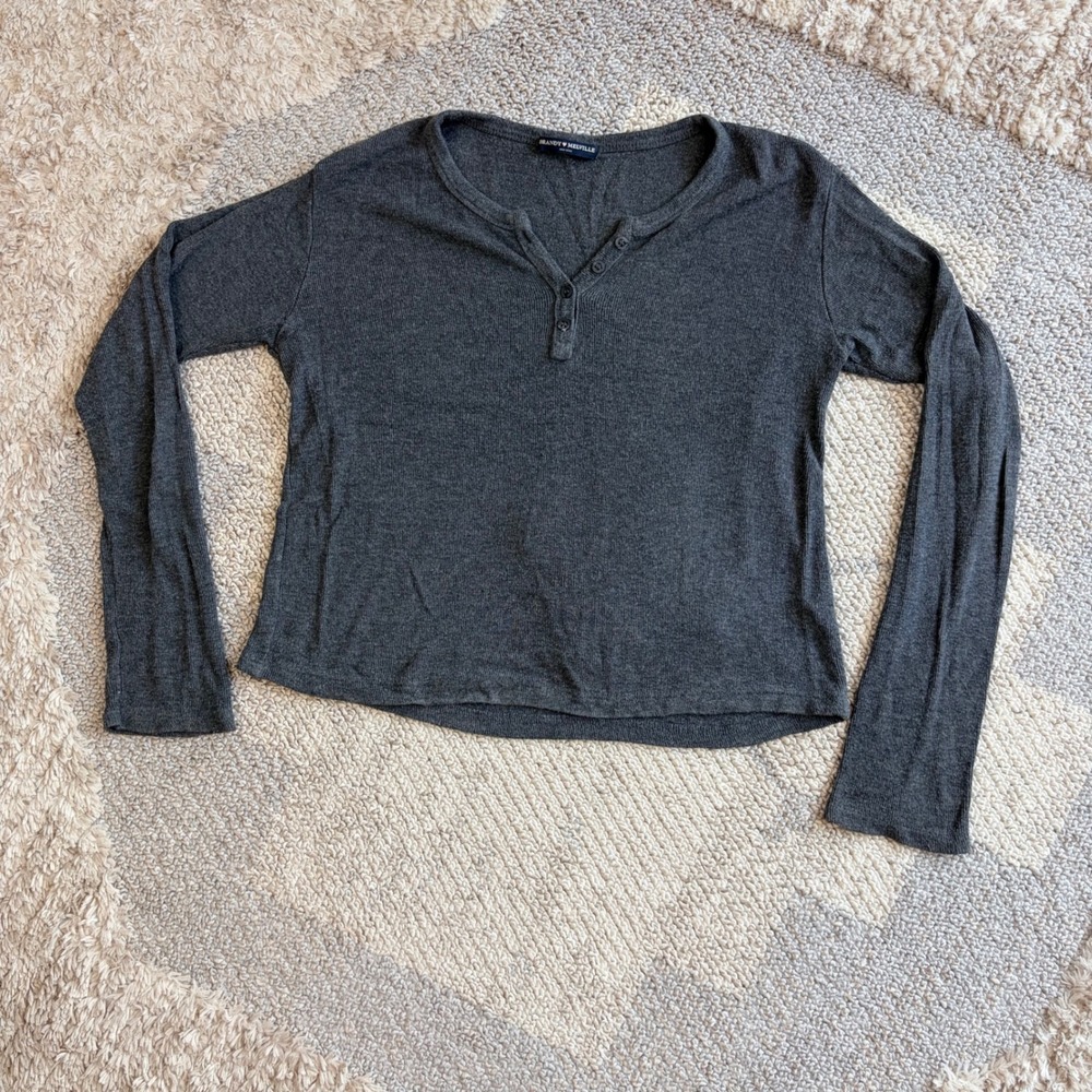 Brandy Melville Charcoal Gray Ribbed Henley Long Sleeve Top One Size Italy Made